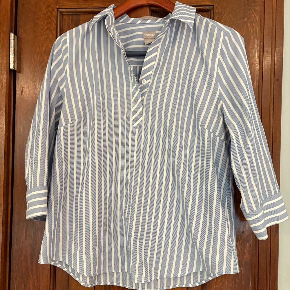 CHICO’S  Button down blouse Blue/ White stripes Size 0.5 No Iron 3/4 sleeves